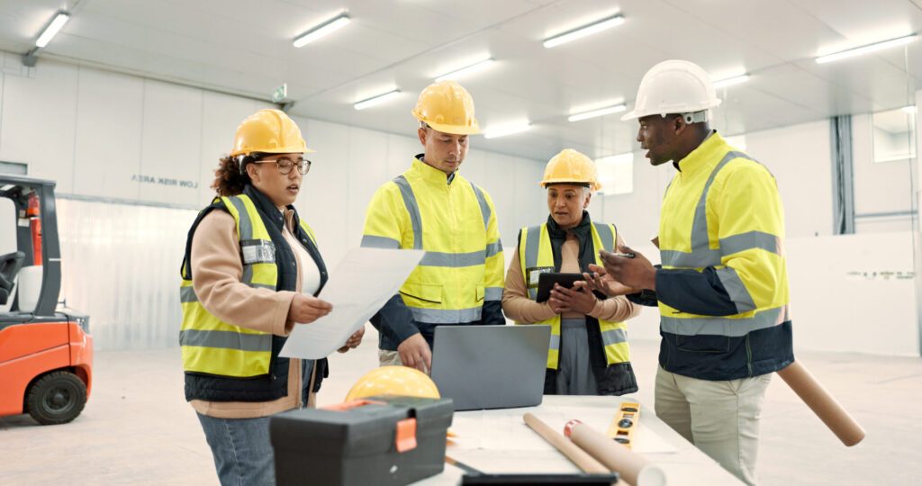 Engineers in hard hats reviewing blueprints around a table in a warehouse
