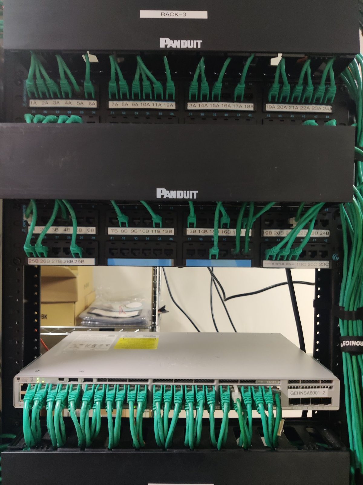 Cisco network switch and labeled patch panels